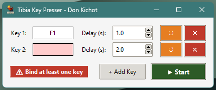 Tibia Key Presser idle: key and delay rows, a Start button