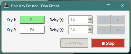 Tibia Key Presser running: green key fields and a Stop button